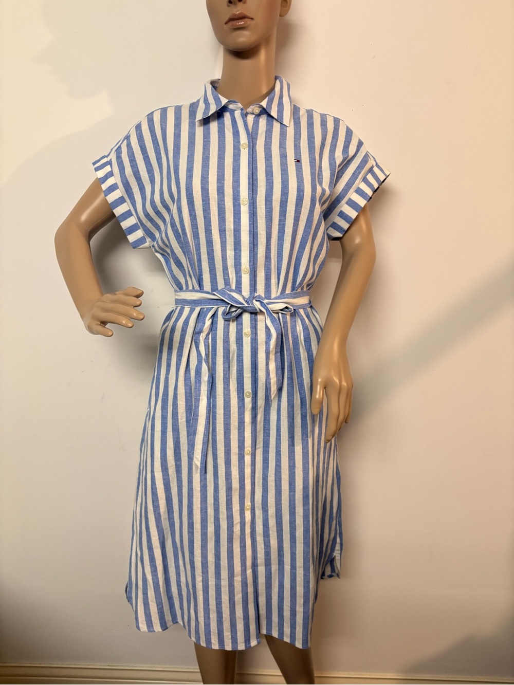 Tommy Hilfiger Blue and White Striped Midi Shirt Dress with Waist Tie